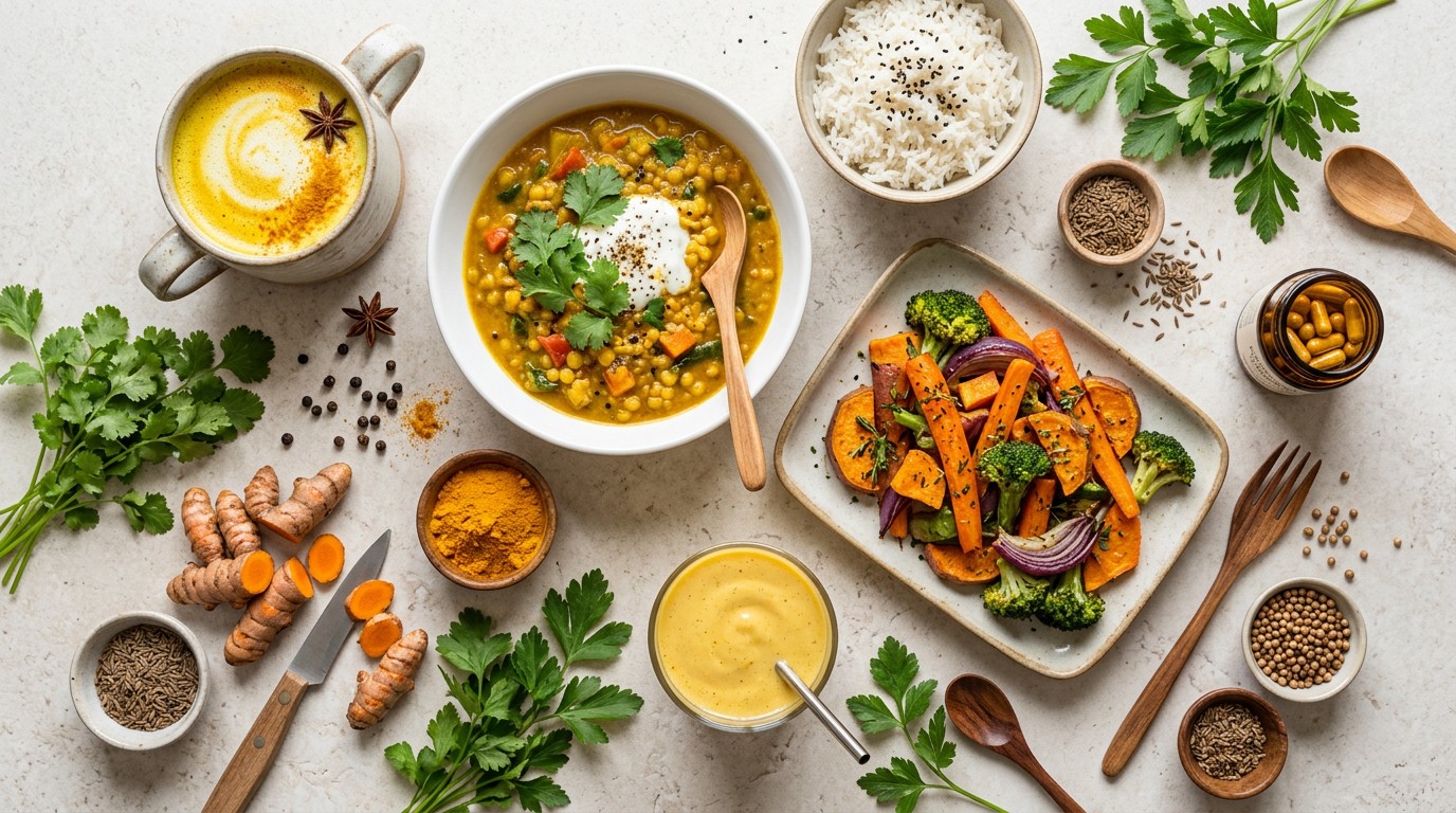 Turmeric used in cooking with curry, golden milk, smoothies and rice dishes.