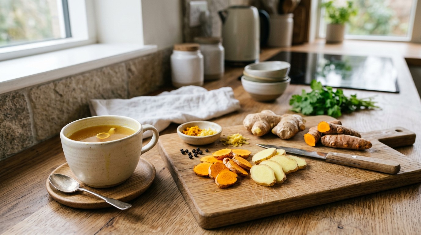 Fresh turmeric and ginger being prepared for food and drinks