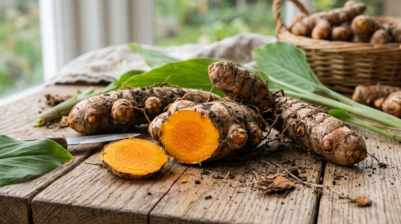 Fresh golden-orange turmeric rhizomes from the Curcuma longa plant.