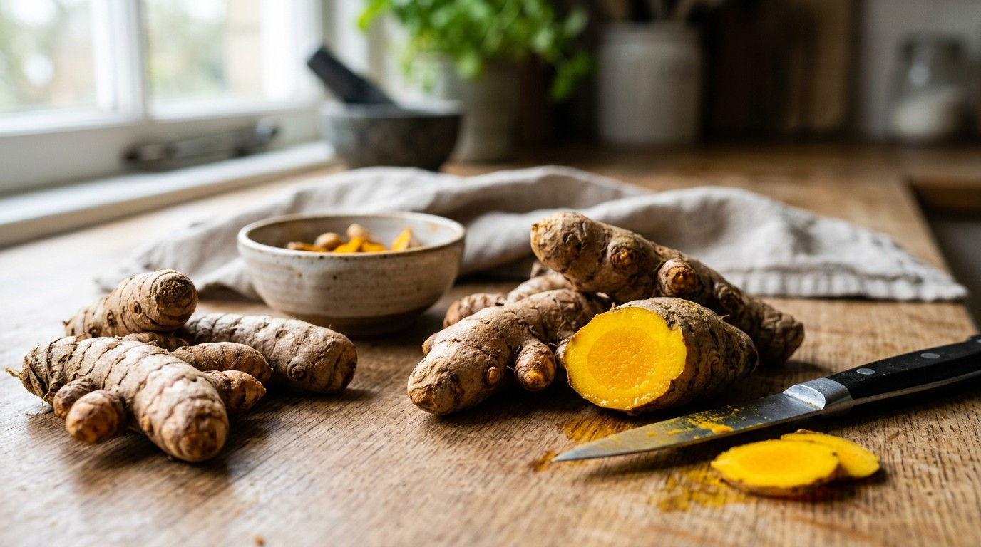Fresh turmeric root with yellow-orange flesh