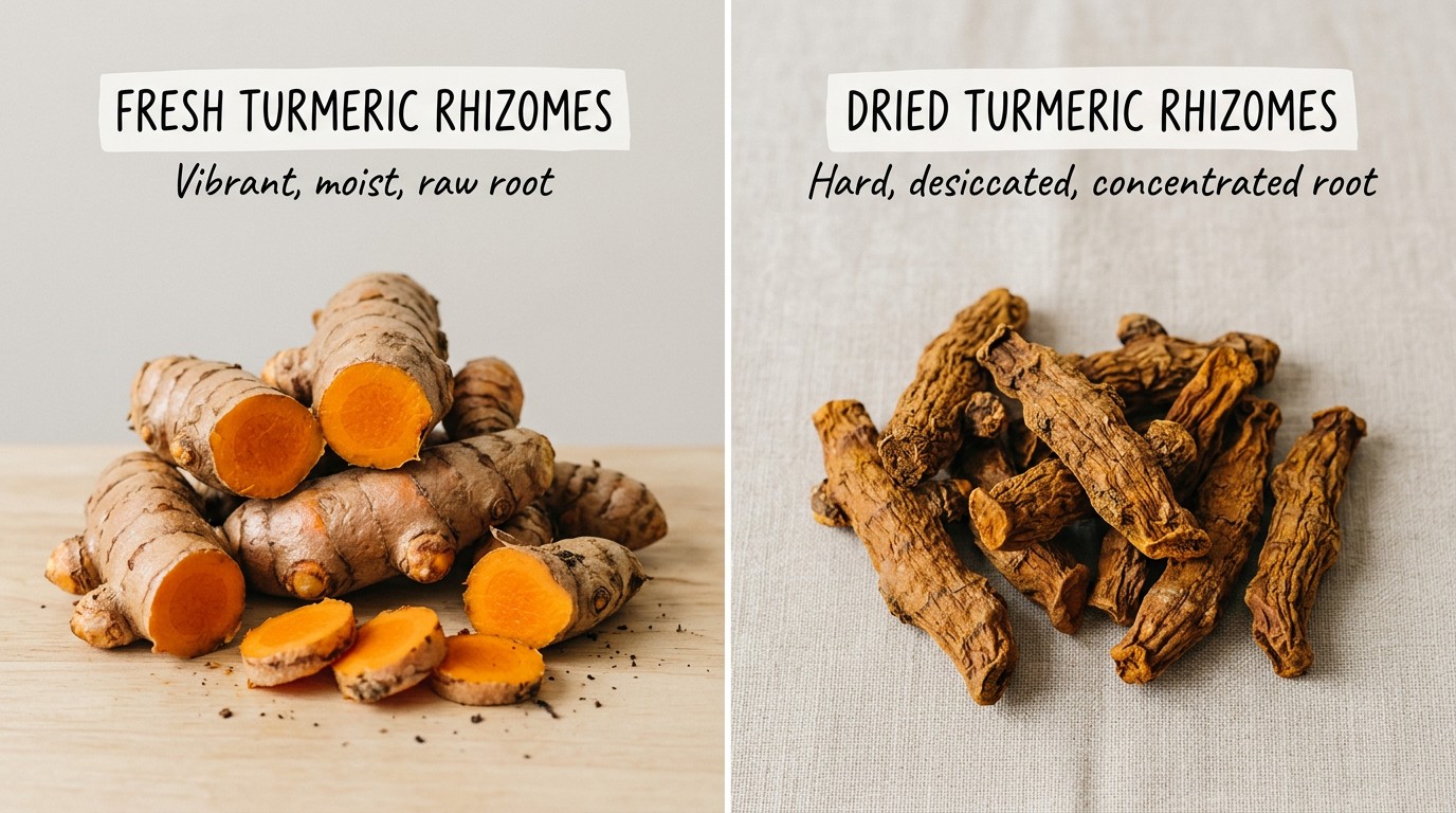 Fresh turmeric root beside whole dried turmeric showing colour and texture differences.