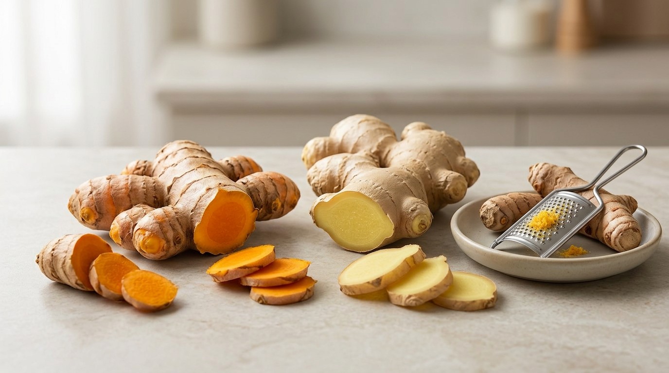 Turmeric and ginger roots side by side for comparison
