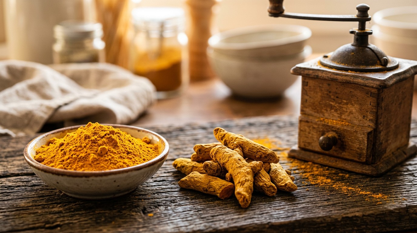 Whole dried turmeric being ground into vibrant turmeric powder in a modern spice grinder.