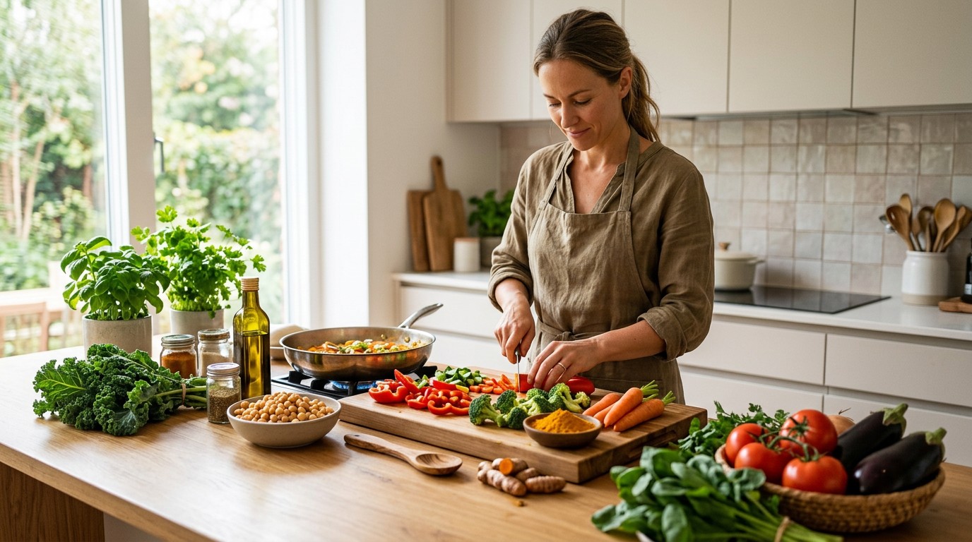 Balanced diet including turmeric as part of a healthy lifestyle.