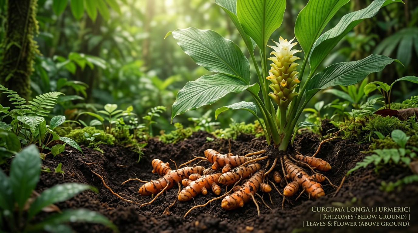 Turmeric plant growing naturally with green leaves and underground turmeric rhizomes.