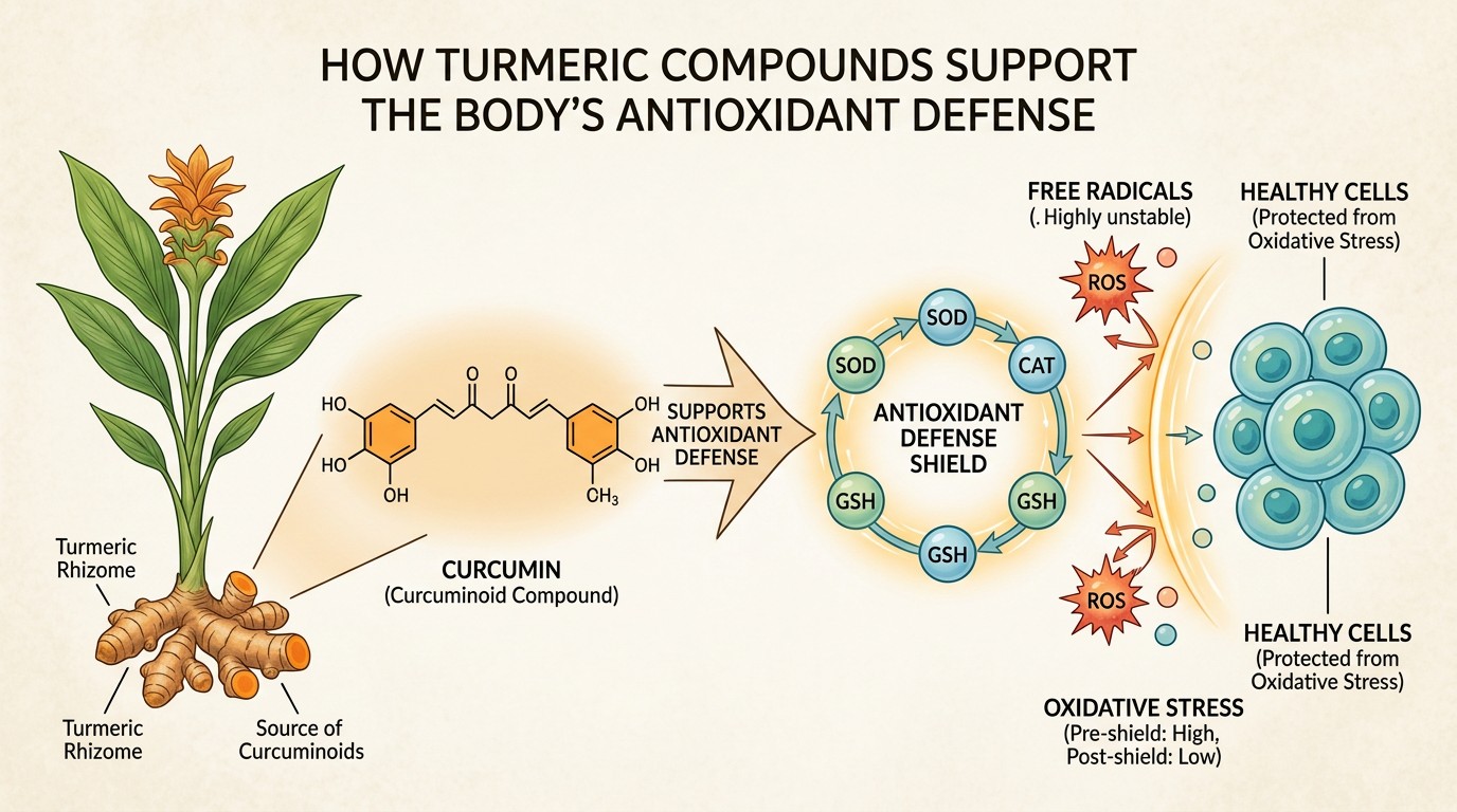 Illustration showing how curcumin antioxidants help protect cells from oxidative stress