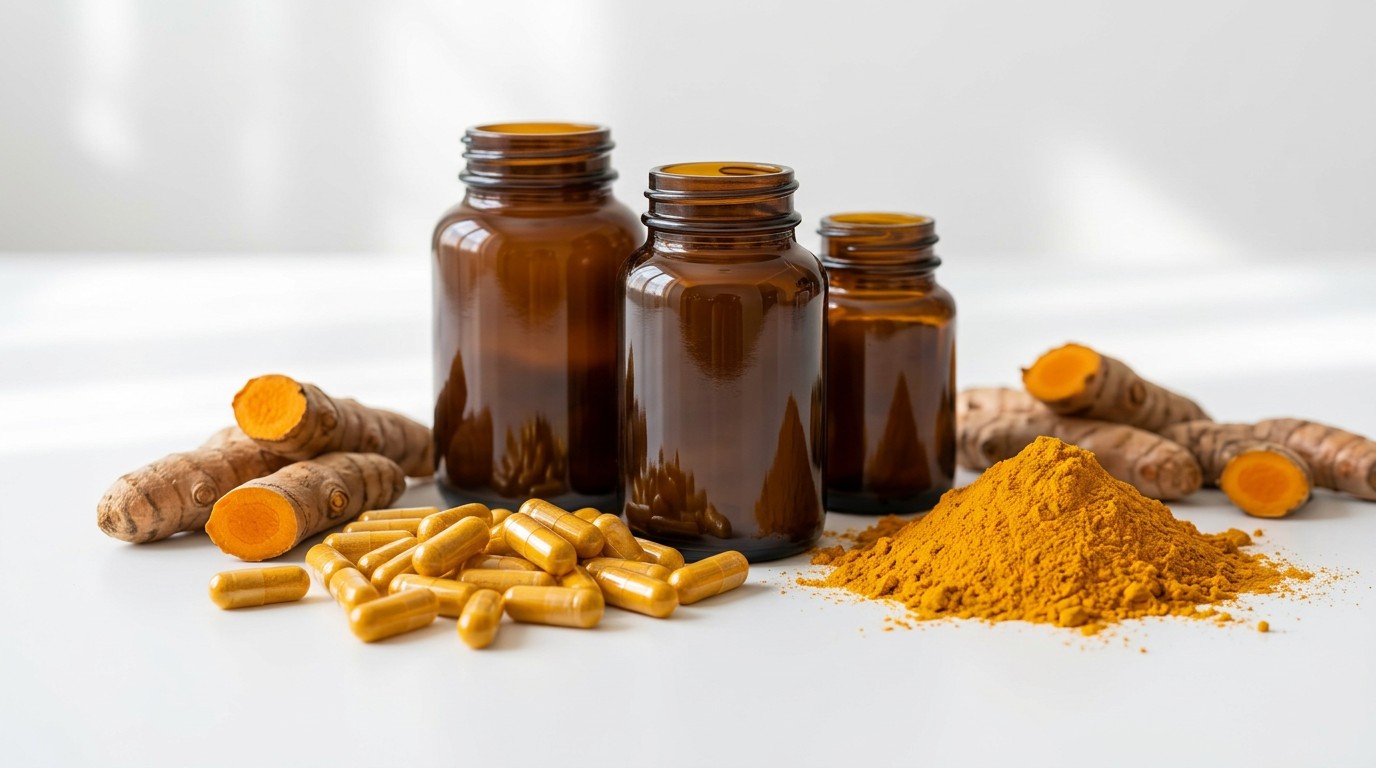 Different turmeric supplement capsules and bottles displayed beside turmeric root.