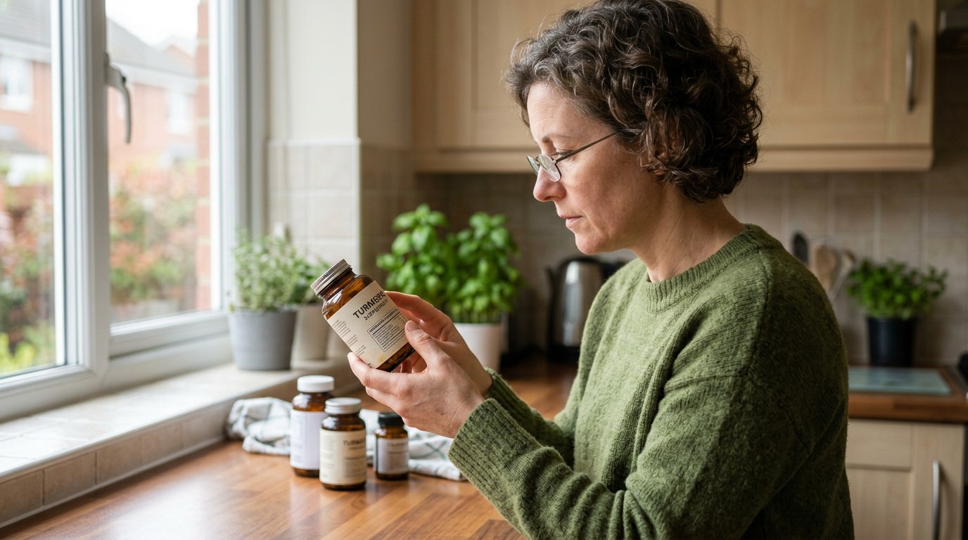 Person reading the ingredients label on a turmeric supplement bottle