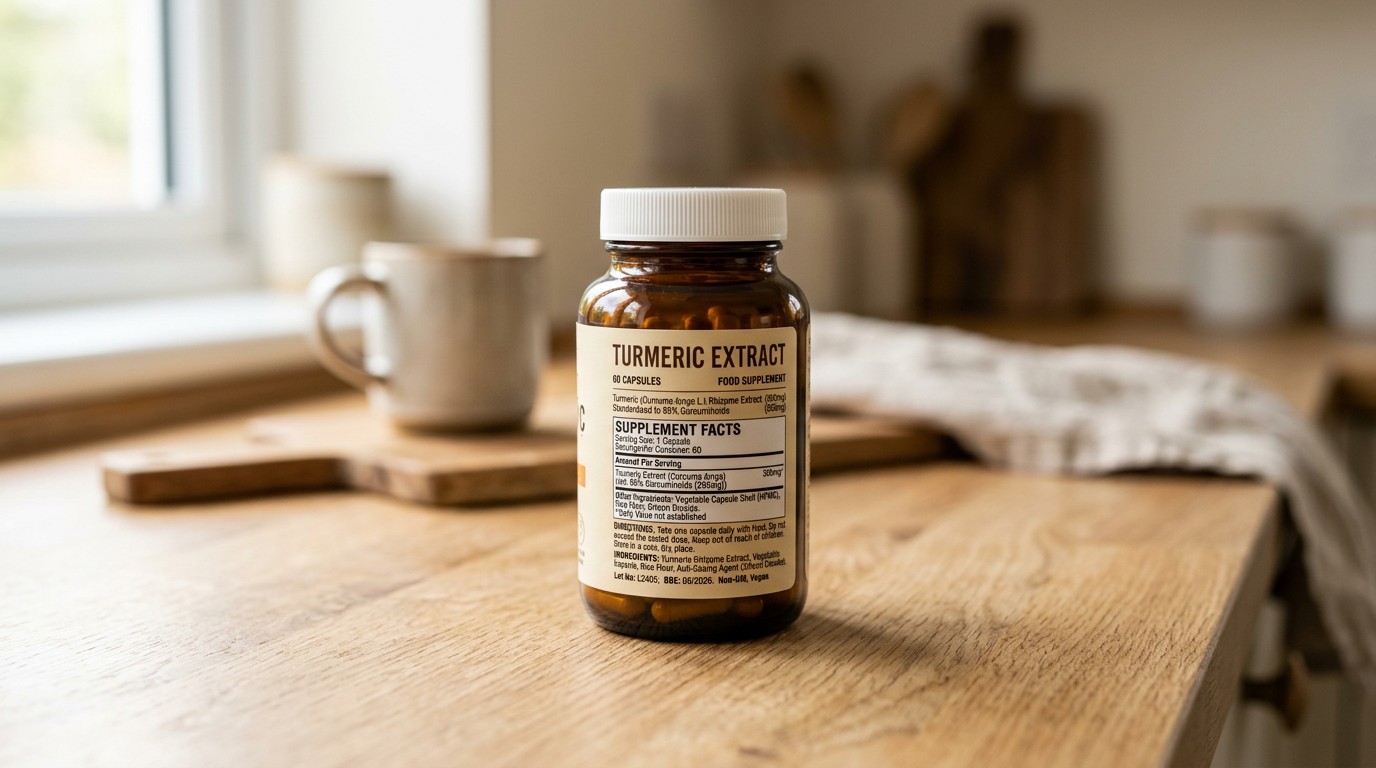 Close-up of a turmeric supplement label showing ingredients, curcumin content and recommended dosage.