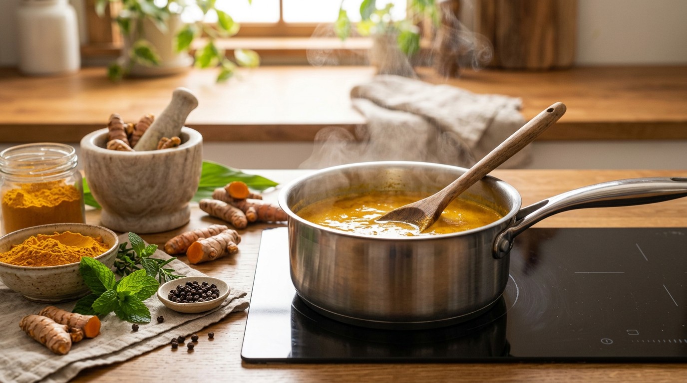 Fresh turmeric tea simmering in a saucepan before being strained.