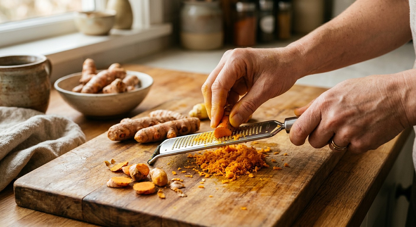 Fresh turmeric root being grated for cooking
