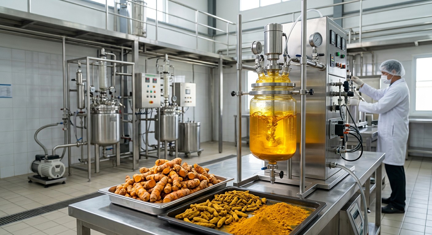Turmeric rhizomes being processed to make turmeric extract