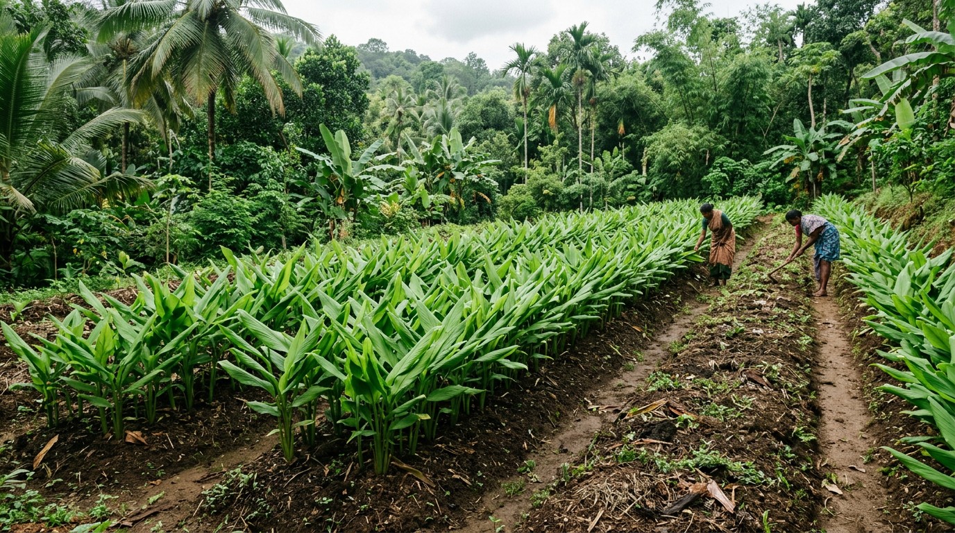 Turmeric plants growing on an organic farm