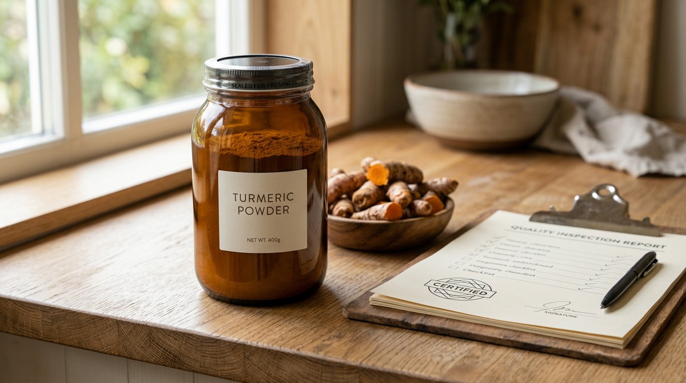 Organic turmeric powder with certification and quality concept