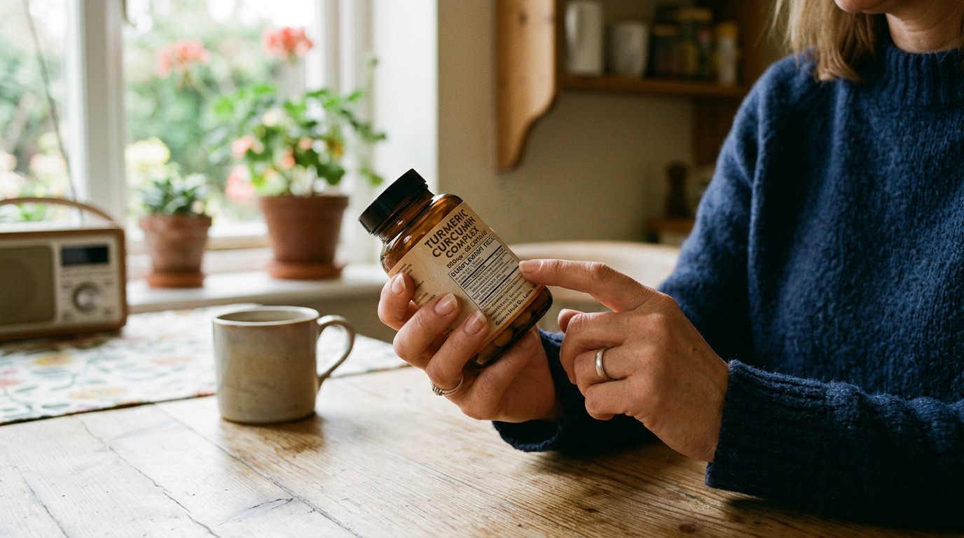 Person examining the ingredients and dosage information on a turmeric supplement label.