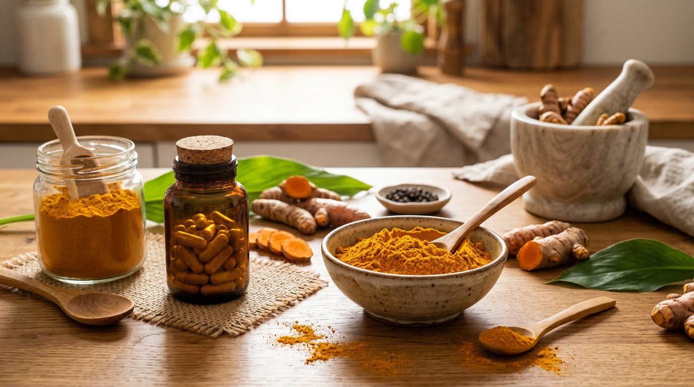 Standard turmeric powder supplement capsules beside whole turmeric root.