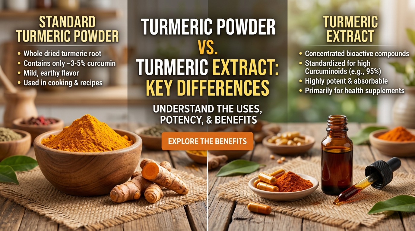 Standard turmeric powder vs turmeric extract comparison showing differences in curcuminoid concentration, potency and absorption.