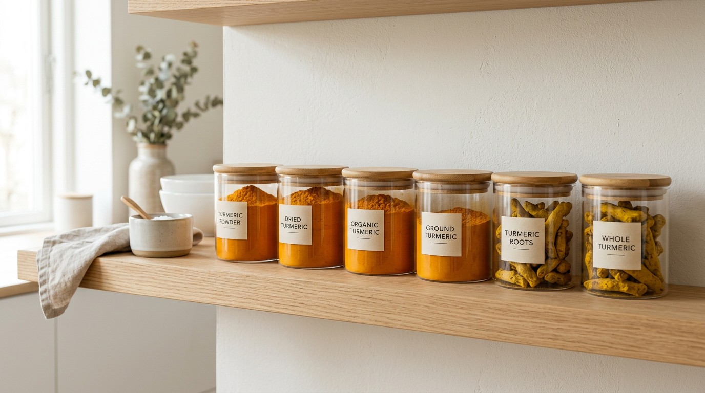 Glass storage jar filled with dried turmeric stored in a cool pantry environment.