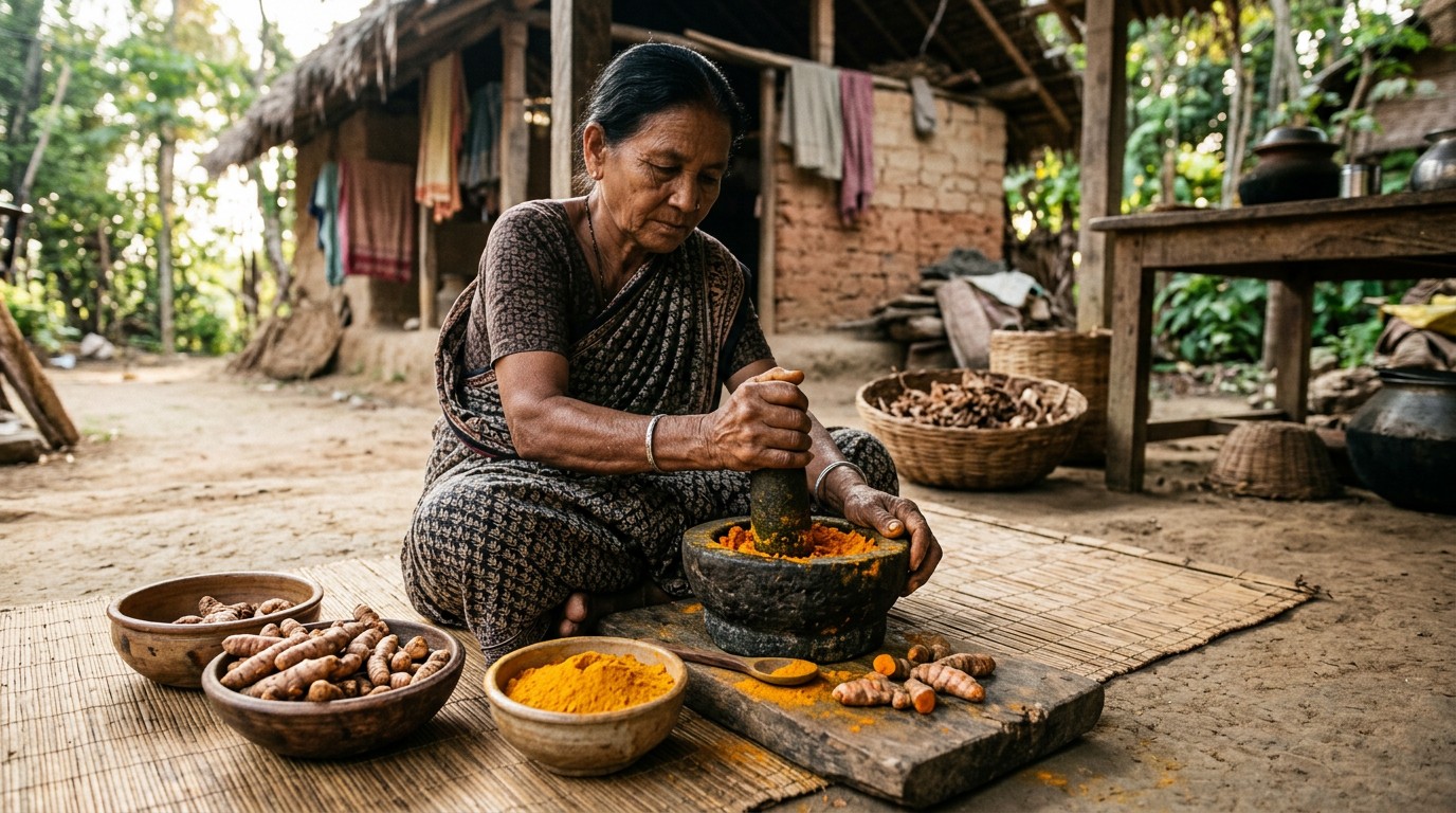 Traditional preparation of turmeric with fresh rhizomes and turmeric powder