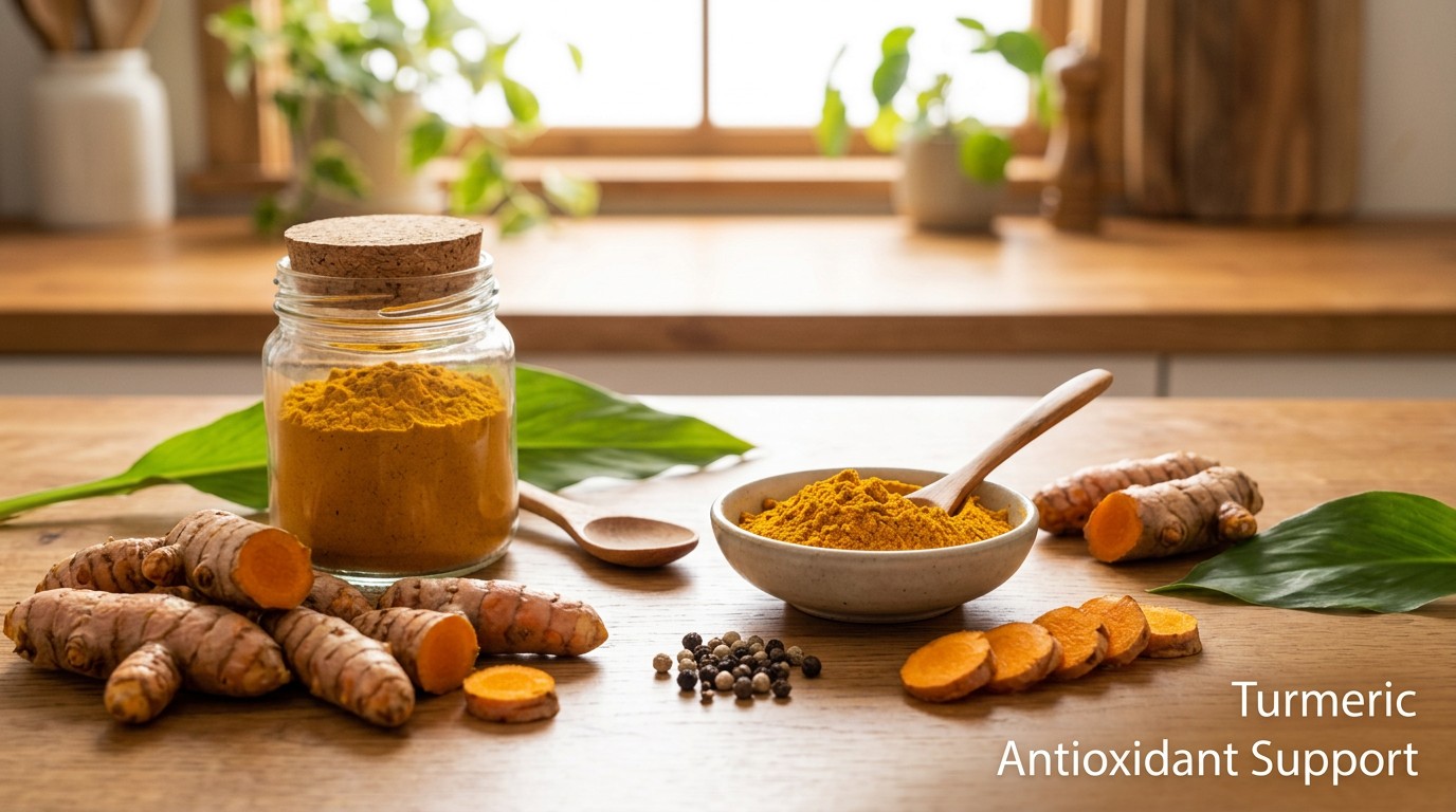 Fresh turmeric root and turmeric powder showing natural antioxidant support from curcumin.