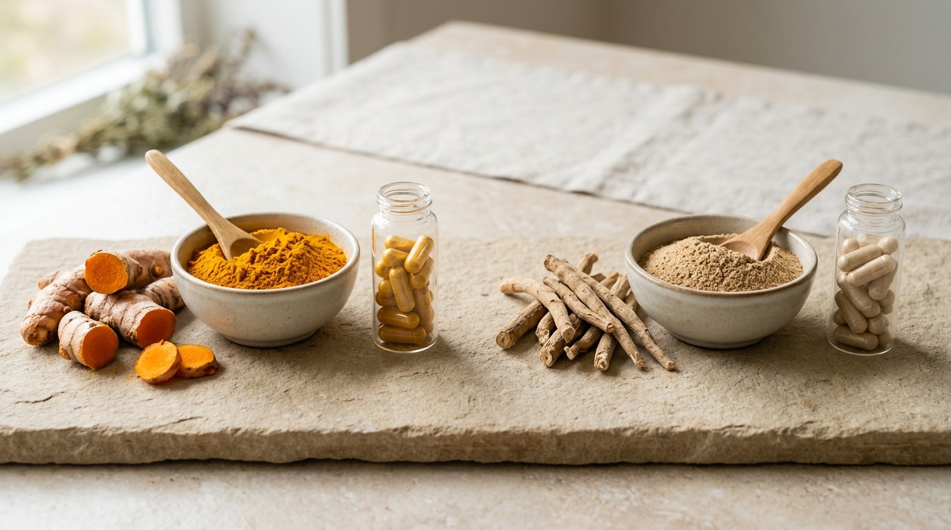 Turmeric and ashwagandha supplement forms including capsules, powder and roots