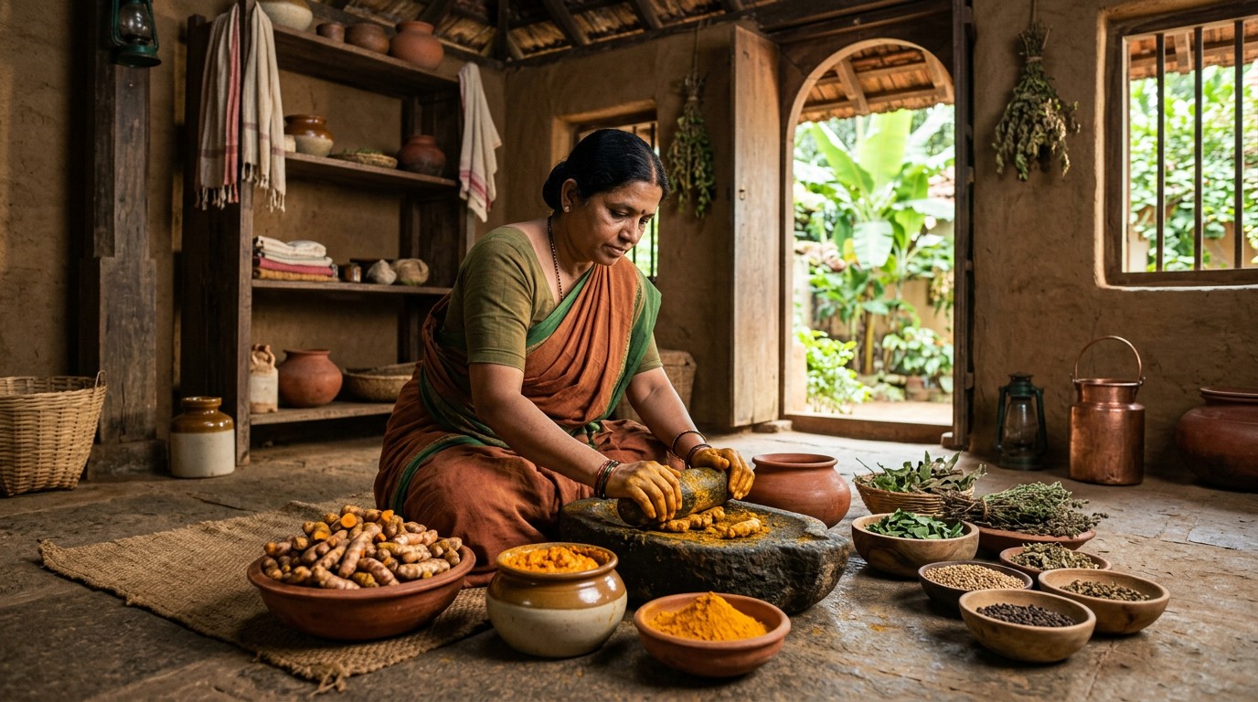 Turmeric being prepared as part of an Ayurvedic traditional medicine scene