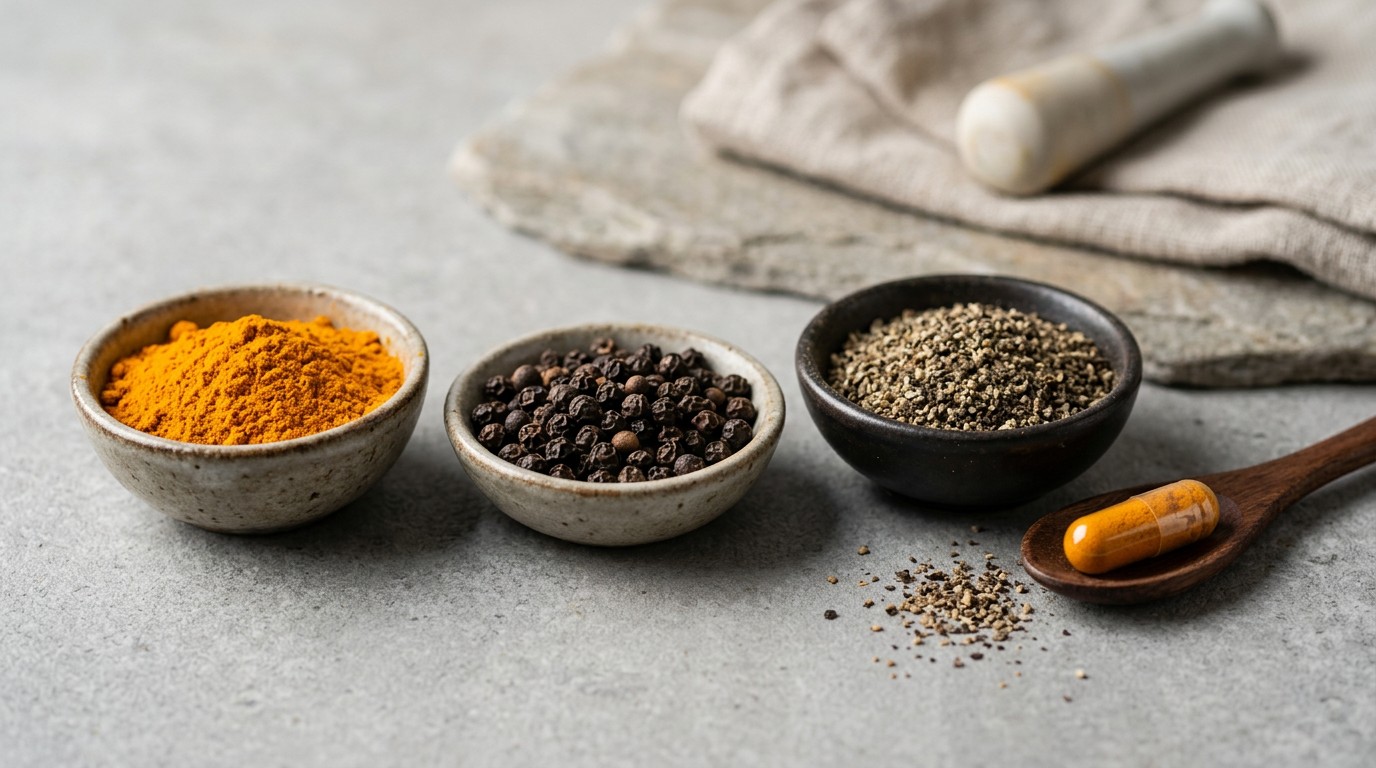 Turmeric powder and black pepper beside a curcumin supplement
