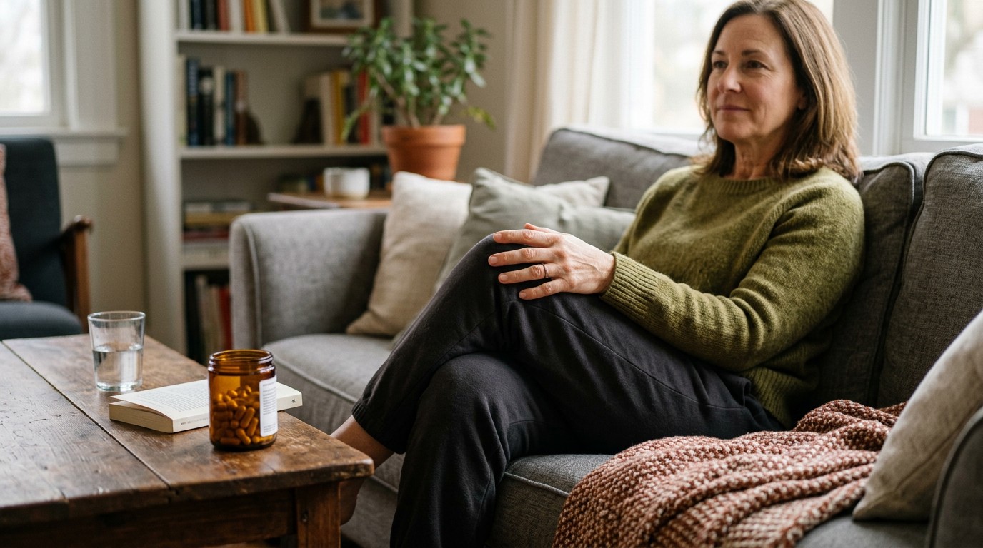 Turmeric capsules beside a healthy adult's knee in a neutral health setting