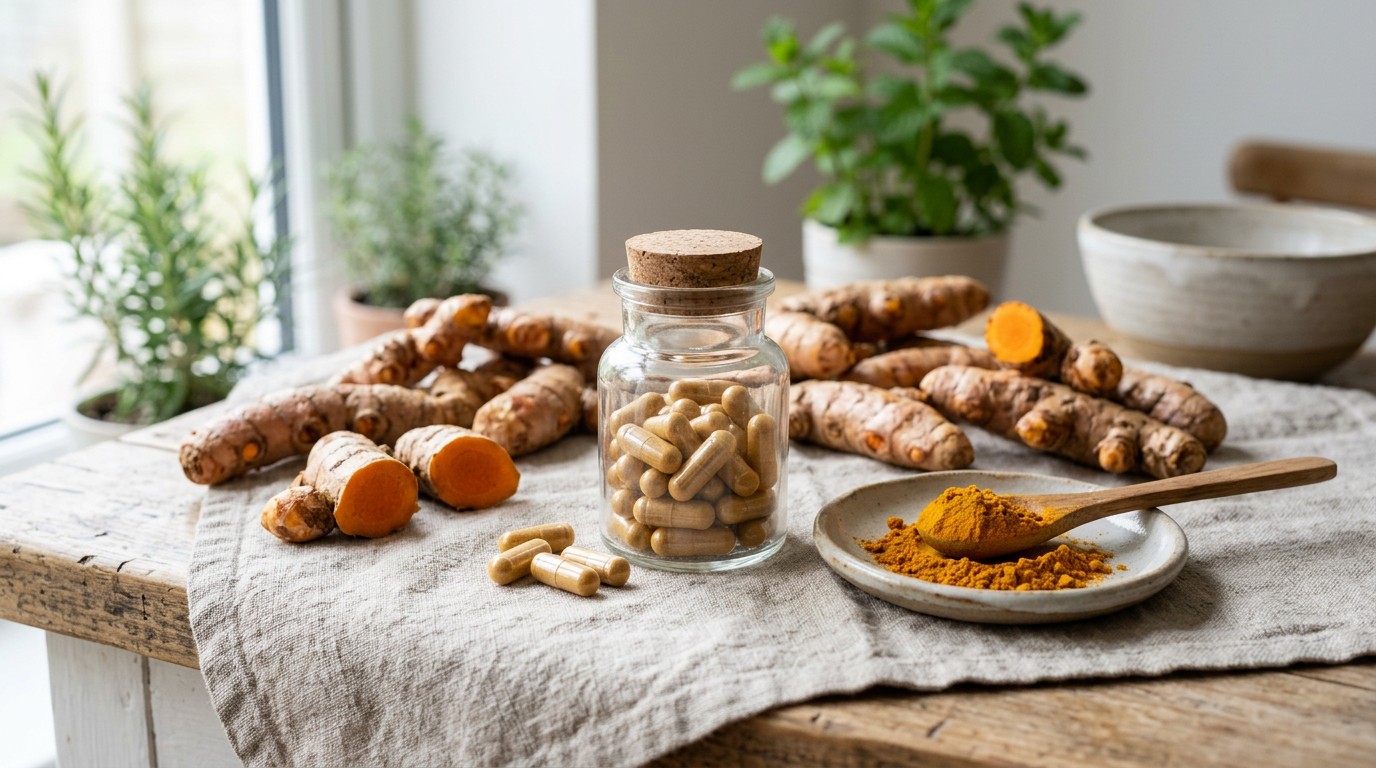 Turmeric capsules with fresh turmeric root and turmeric powder