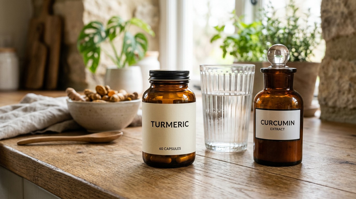 Turmeric capsules with medicine packaging represented generically for supplement safety information