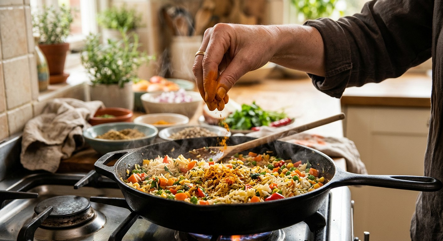 Turmeric being added to a savoury rice and vegetable dish during cooking