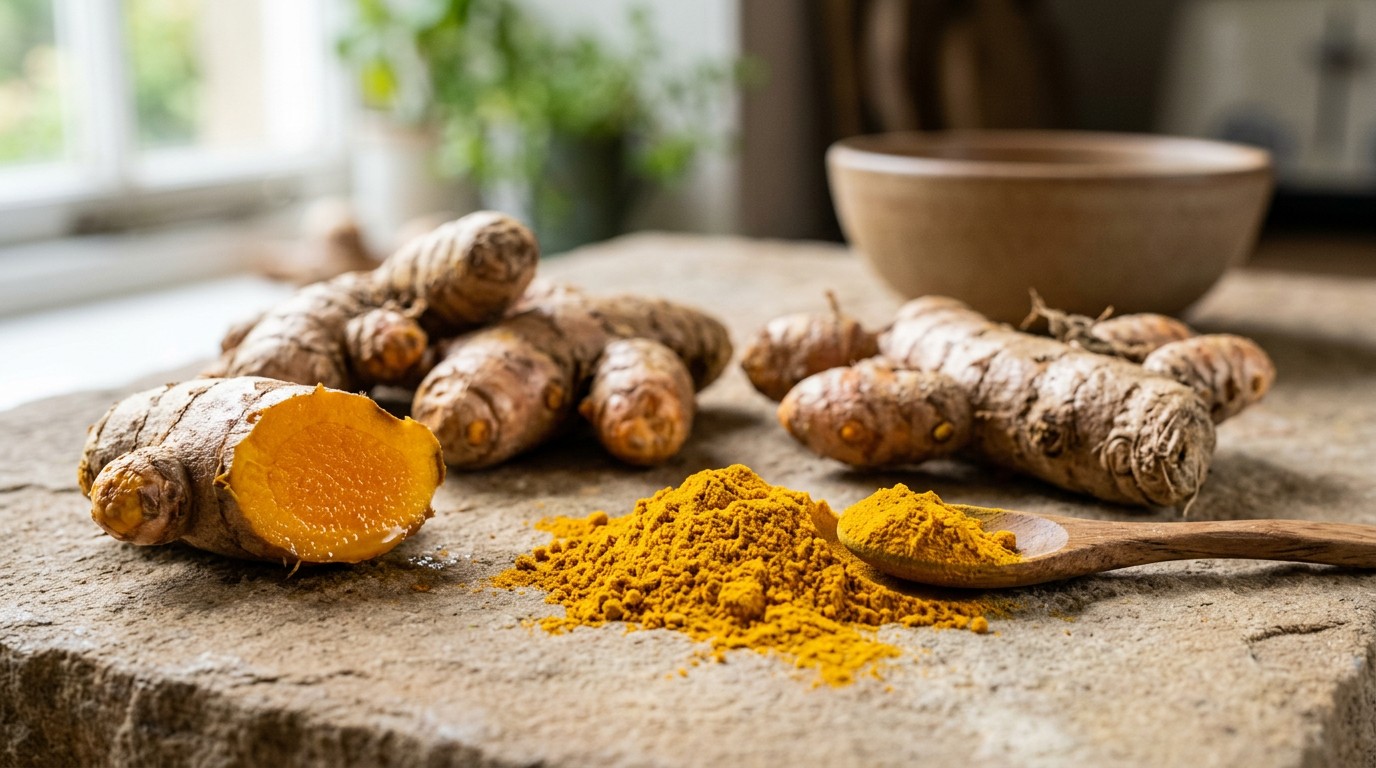 Fresh turmeric Curcuma longa rhizomes showing the orange-yellow interior