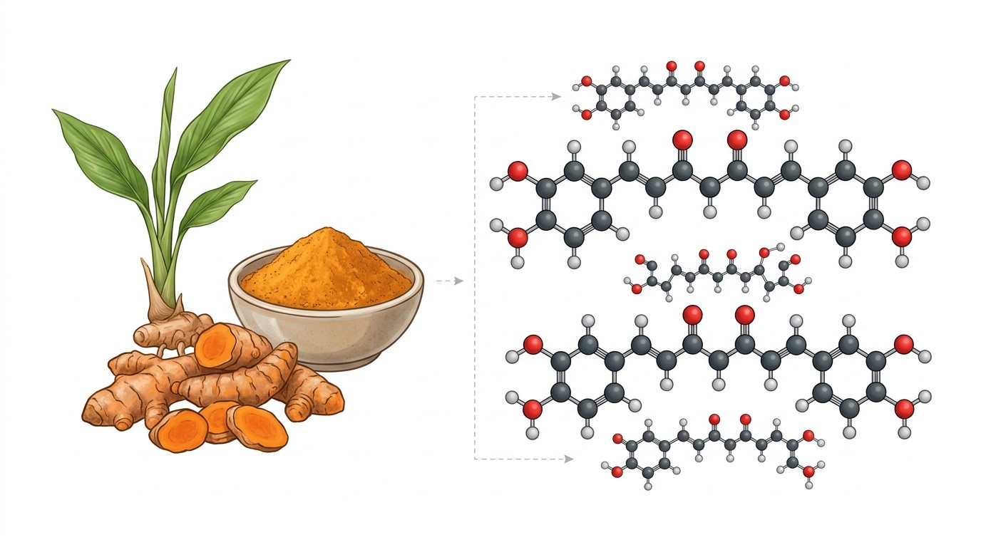 Educational illustration comparing whole turmeric powder with curcumin as a compound found in turmeric.