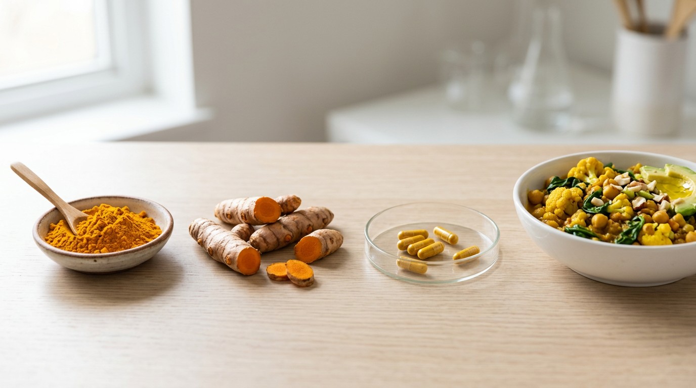 Turmeric powder and curcumin supplement shown with food