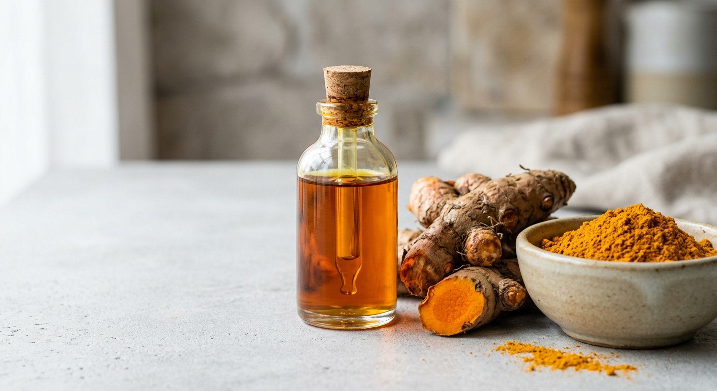 Turmeric extract beside fresh turmeric roots and turmeric powder
