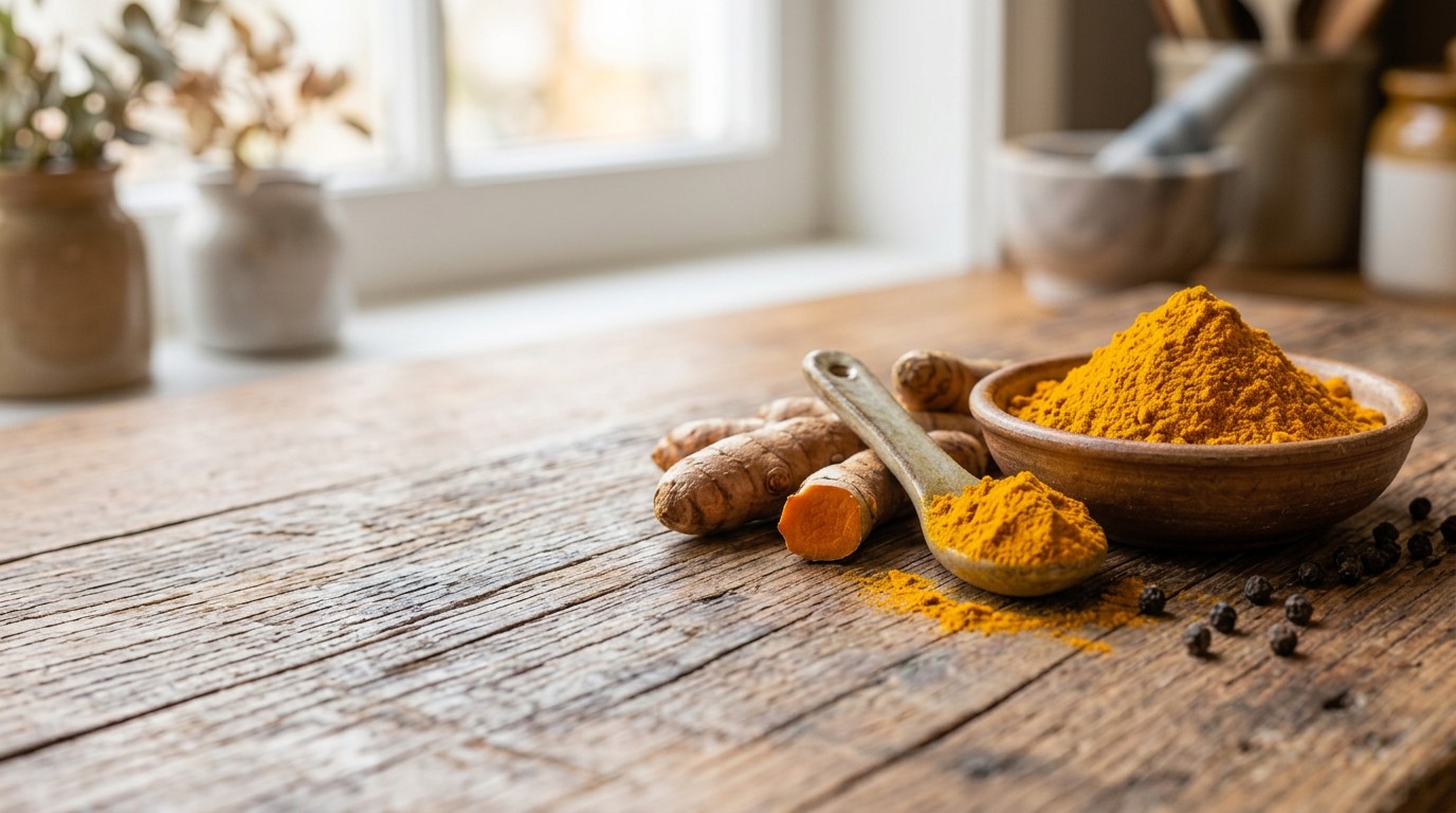 Fresh turmeric root beside ground turmeric powder showing the difference between the whole root and the dried spice.