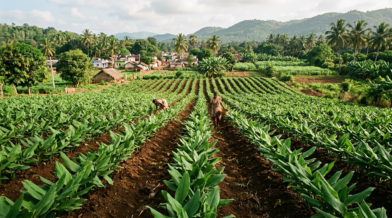 Turmeric plants growing in an agricultural field in India.