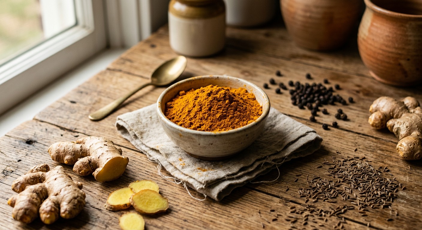 Alt text: Turmeric powder with ginger, black pepper and cumin representing its earthy and warm flavour profile
