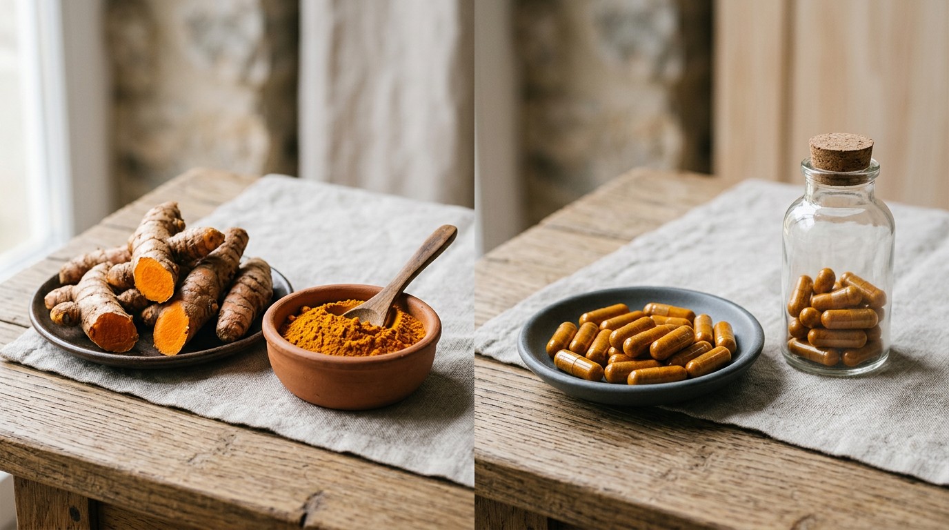 Culinary turmeric root and powder compared with turmeric supplement capsules