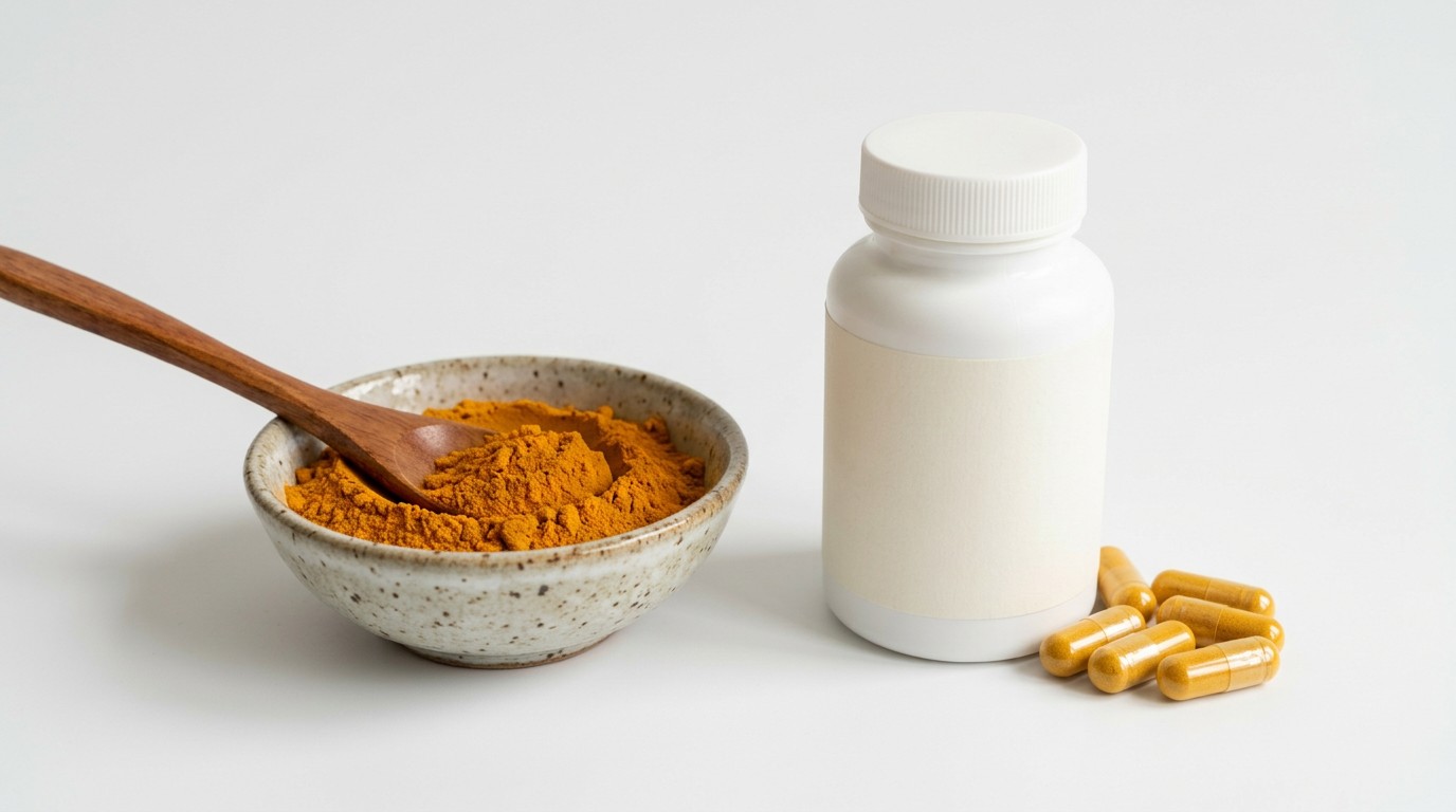 Comparison of culinary turmeric powder with a generic curcumin supplement, illustrating the difference between food and concentrated products.
