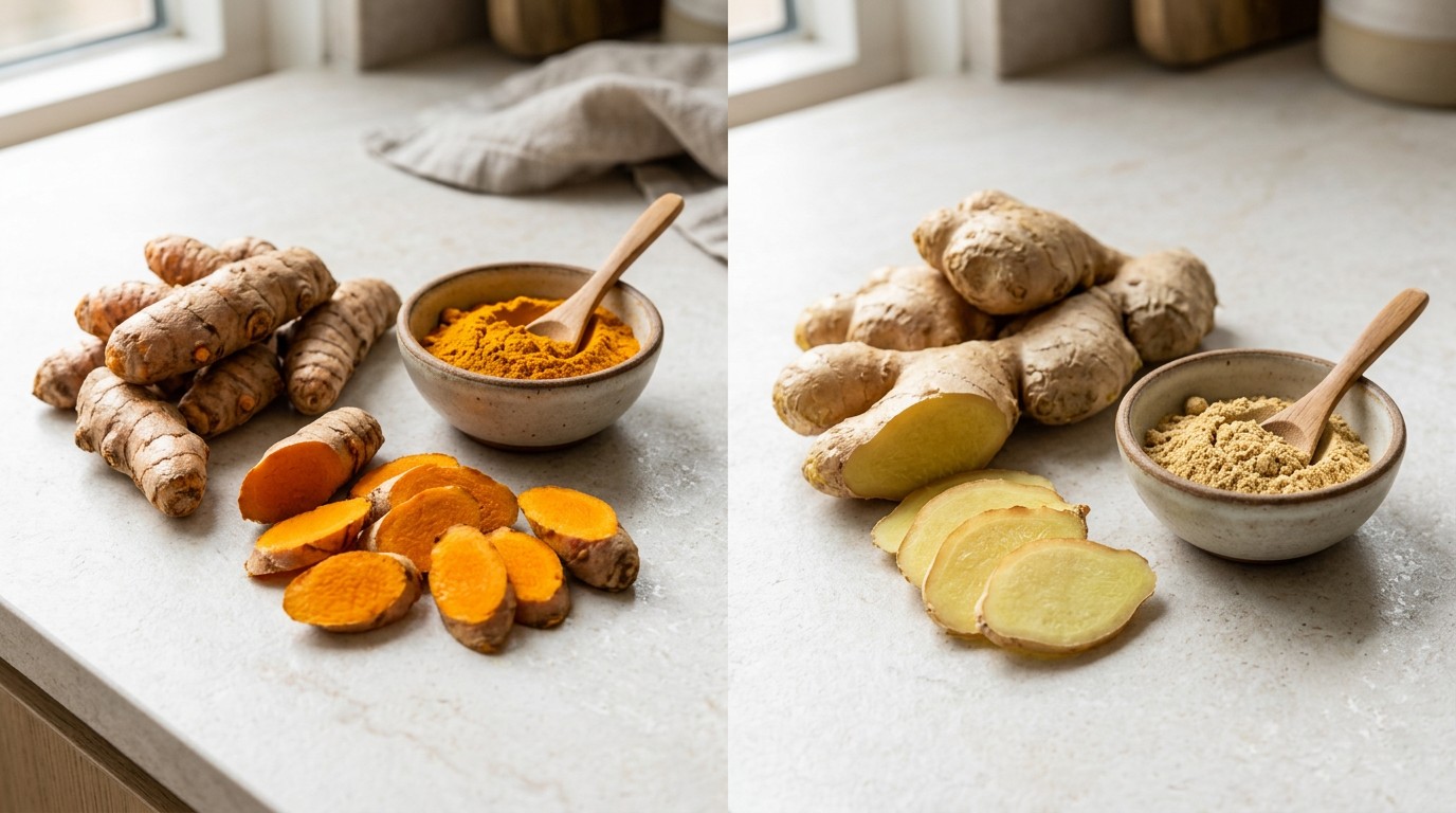 Fresh turmeric and ginger roots with their powdered forms