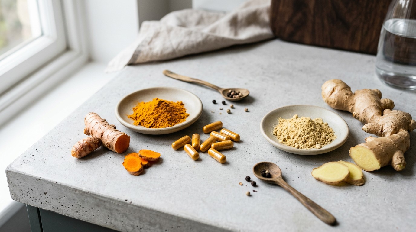 Turmeric and ginger supplement capsules beside fresh roots and powders