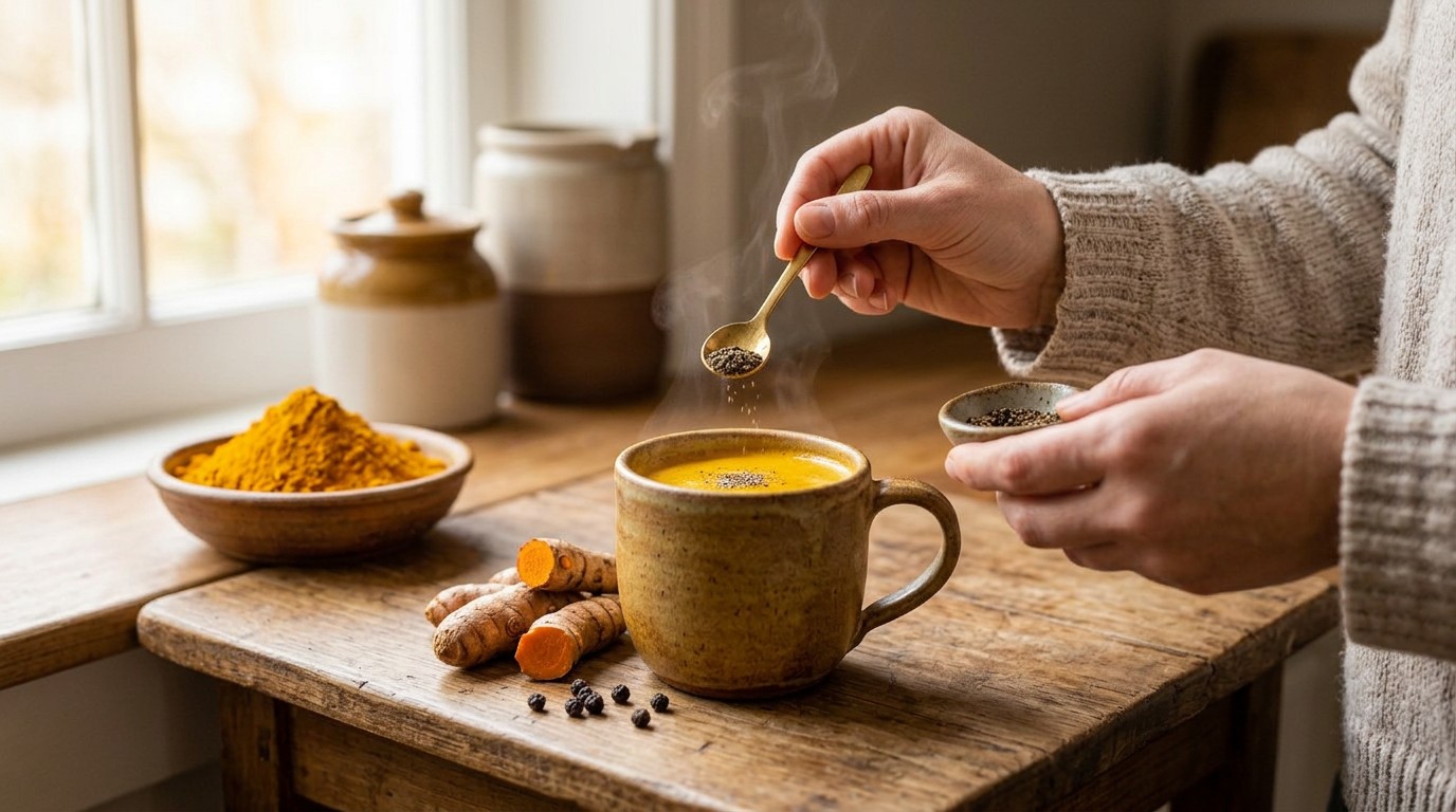 Turmeric drink with black pepper for improved curcumin absorption.