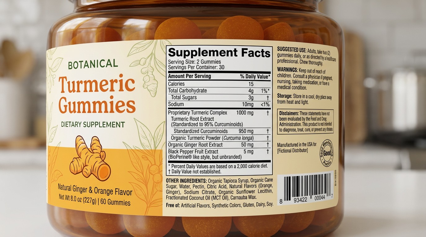 Turmeric supplement label showing ingredients and serving information