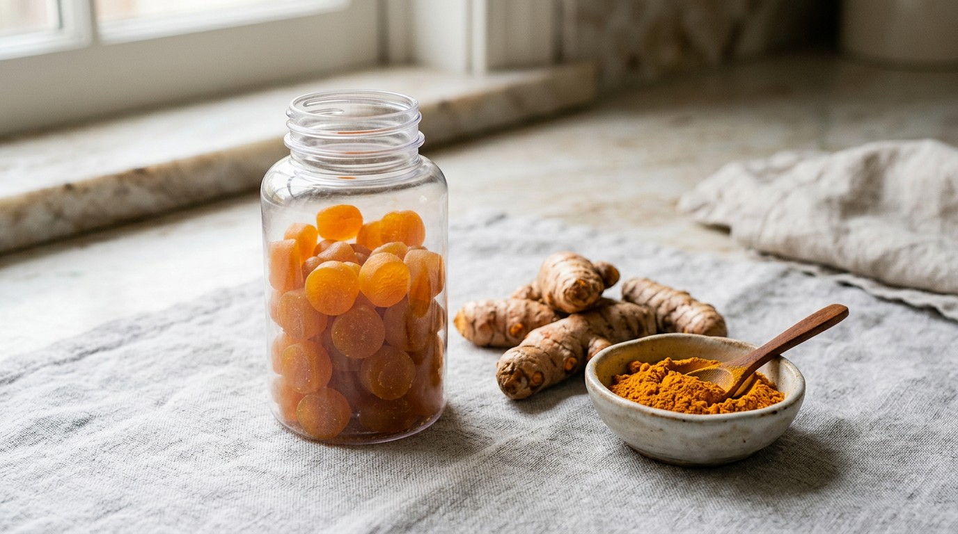 Turmeric gummies beside fresh turmeric root
