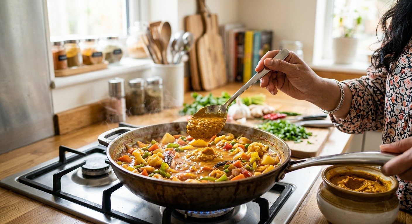 Turmeric paste being added to a vegetable curry