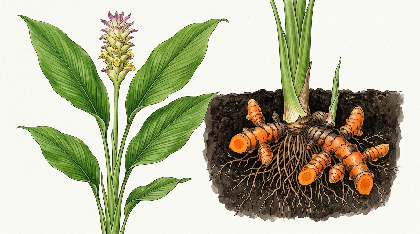Turmeric plant growing with large green leaves and turmeric rhizomes beneath the soil.