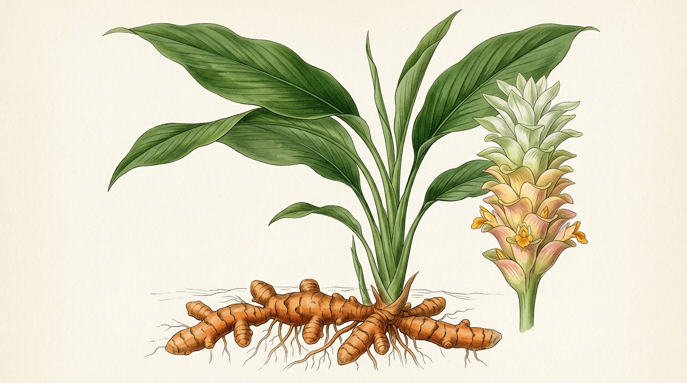 Curcuma longa turmeric plant showing green leaves, flowering structure and underground rhizome.