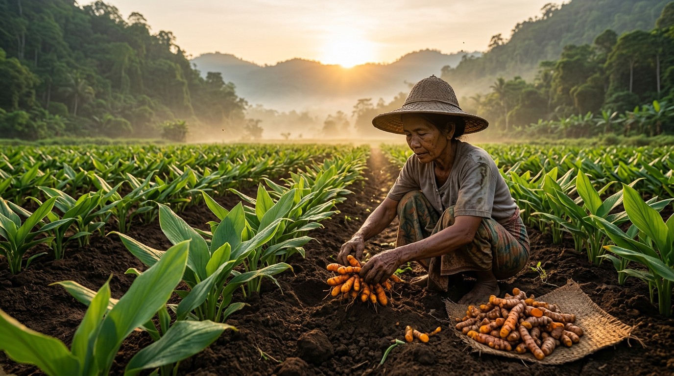 Mature turmeric plant growing in a tropical agricultural field.