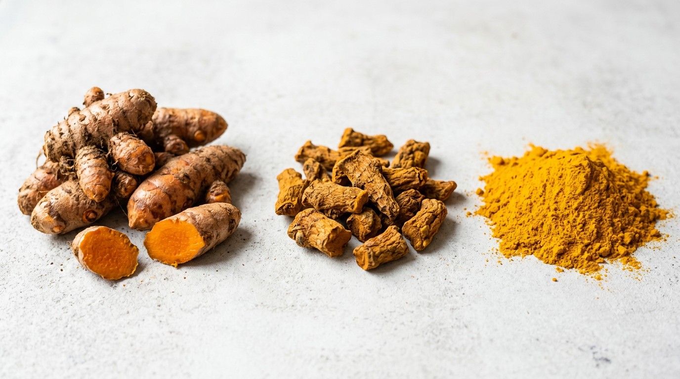 Stages showing fresh turmeric rhizome, dried turmeric and ground turmeric powder.